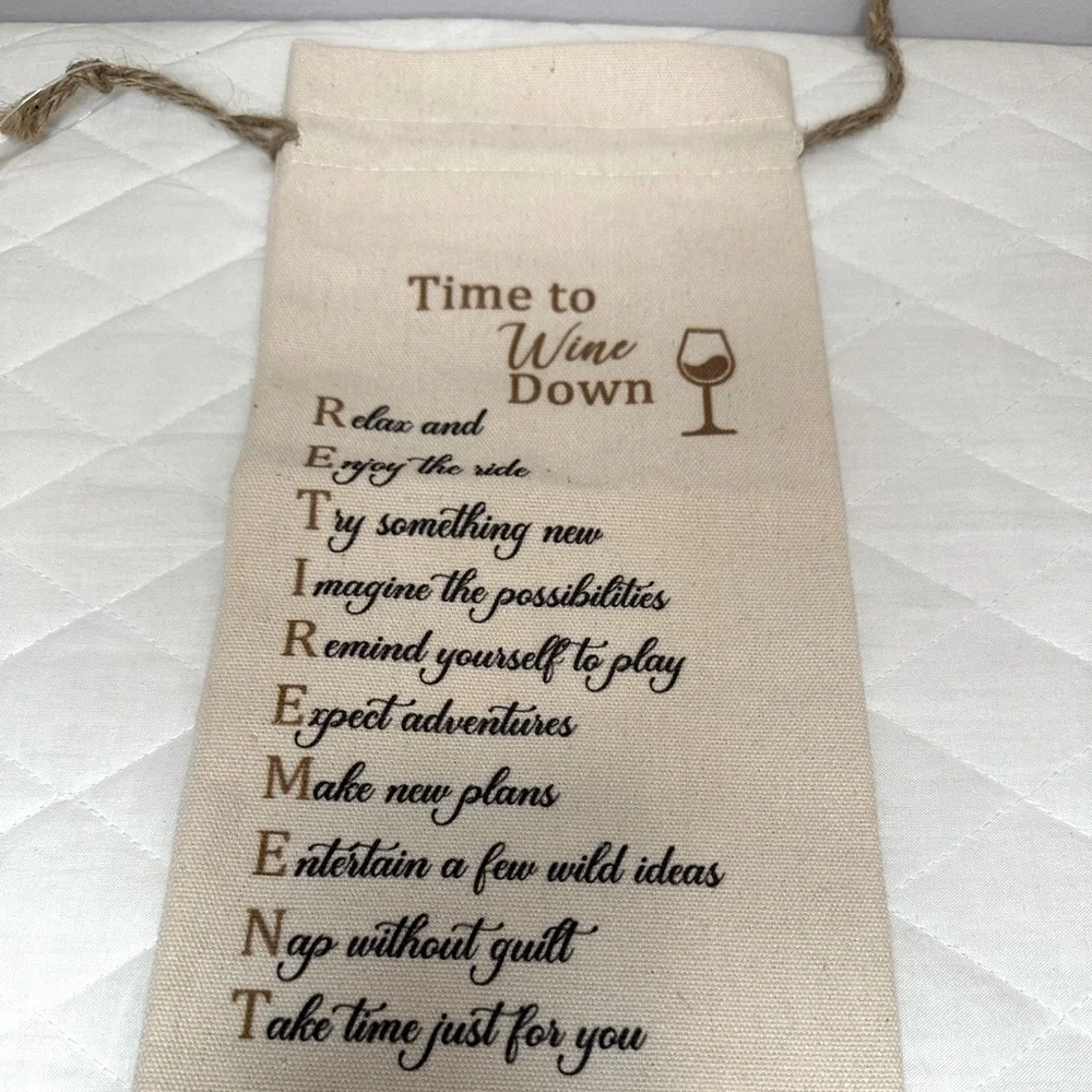 Wine Gift Bag Canvas With Drawstring “Time To Wine Down” 13.5”x 6.5”